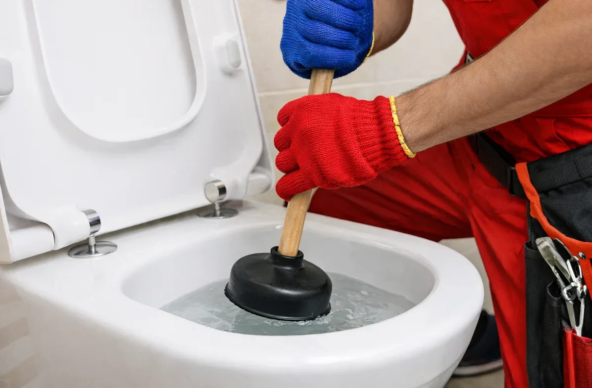 Plumber clearing a clogged toilet in Kingsville Ontario