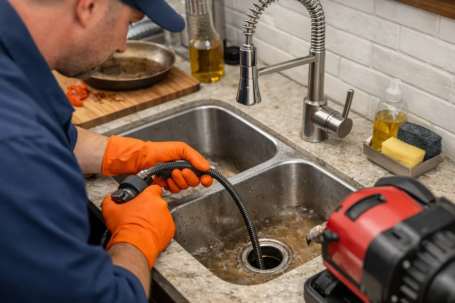 Clogged kitchen sink cleaning by a Kingsville, Ontario plumber