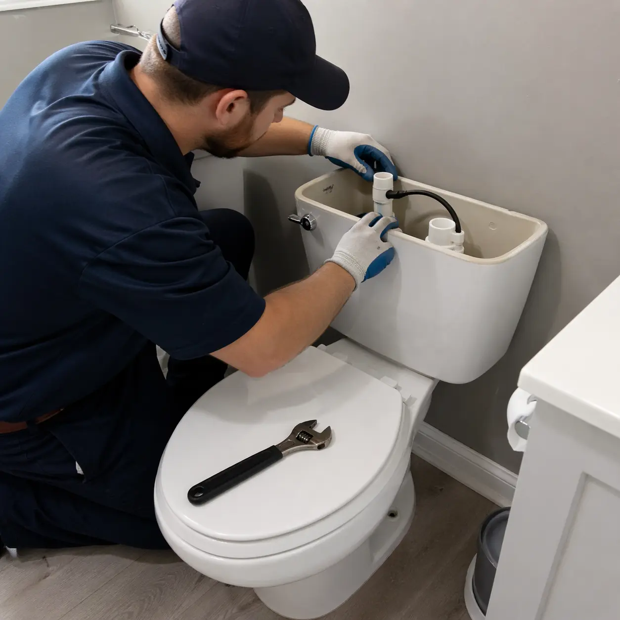 Plumber installing a toilet in a Kingsville Ontario home